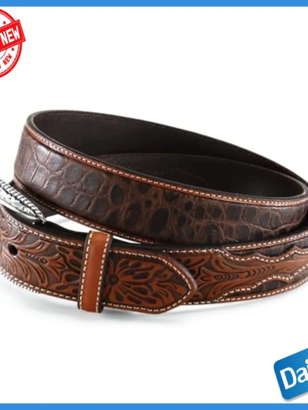Men's Genuine Leather Belt with Floral Tab Buckle Size 34